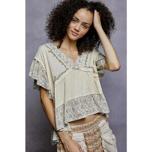 POL Floral V-Neck Short Sleeve Ruffled Double Gauze Blouse